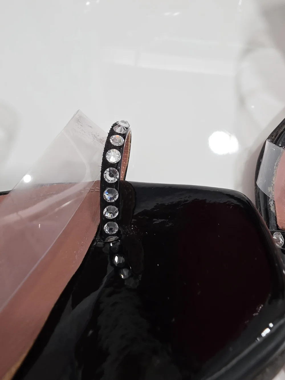 Amina Muaddi Black Patent Slide Heels with Clear Straps and Crystal Trim